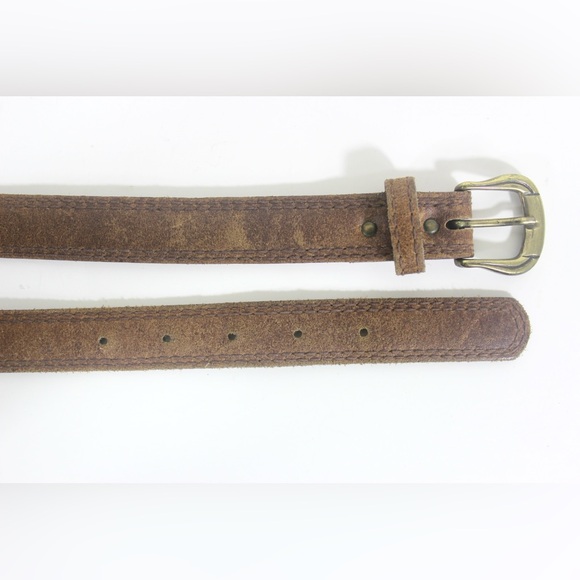 28”-32 Vintage Rusty Brown Sueded Leather Belt with Gold Brass Buckle Narrow - Picture 7 of 7